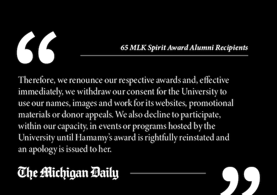 We, alumni recipients of the MLK Spirit Award, return our awards and urge the University to divest